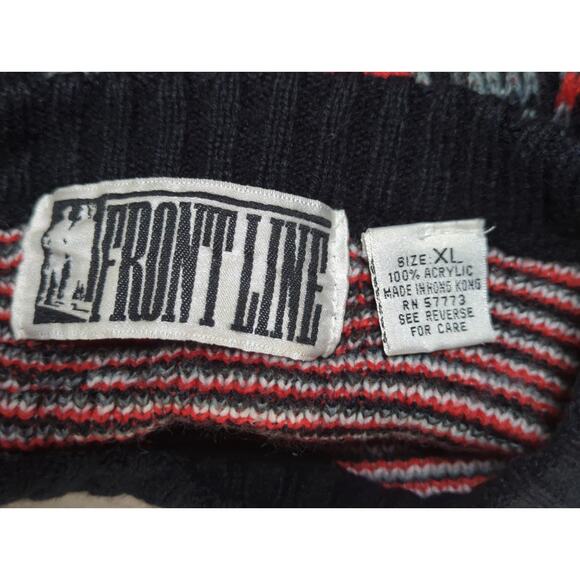 VTG Front Line Sweater Aztec Geometric Knit Black Red Made Hong Kong XL - Picture 2 of 11